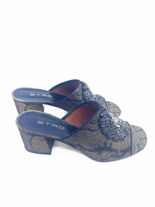 ETRO Size 7 Black & Gold Metallic Fabric Paisley Sandals