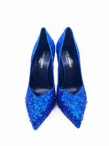 SAINT LAURENT Size 7.5 Royal Blue Sequined Solid Pumps