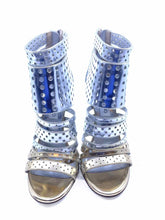 Load image into Gallery viewer, JIMMY CHOO Size 7.5 Silver, Gold Leather Metallic Perforated Sandals
