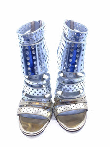 JIMMY CHOO Size 7.5 Silver, Gold Leather Metallic Perforated Sandals