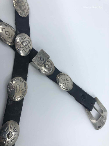 YELLOWHORSE Black Leather and Sterling Concho Belt - Labels Luxury